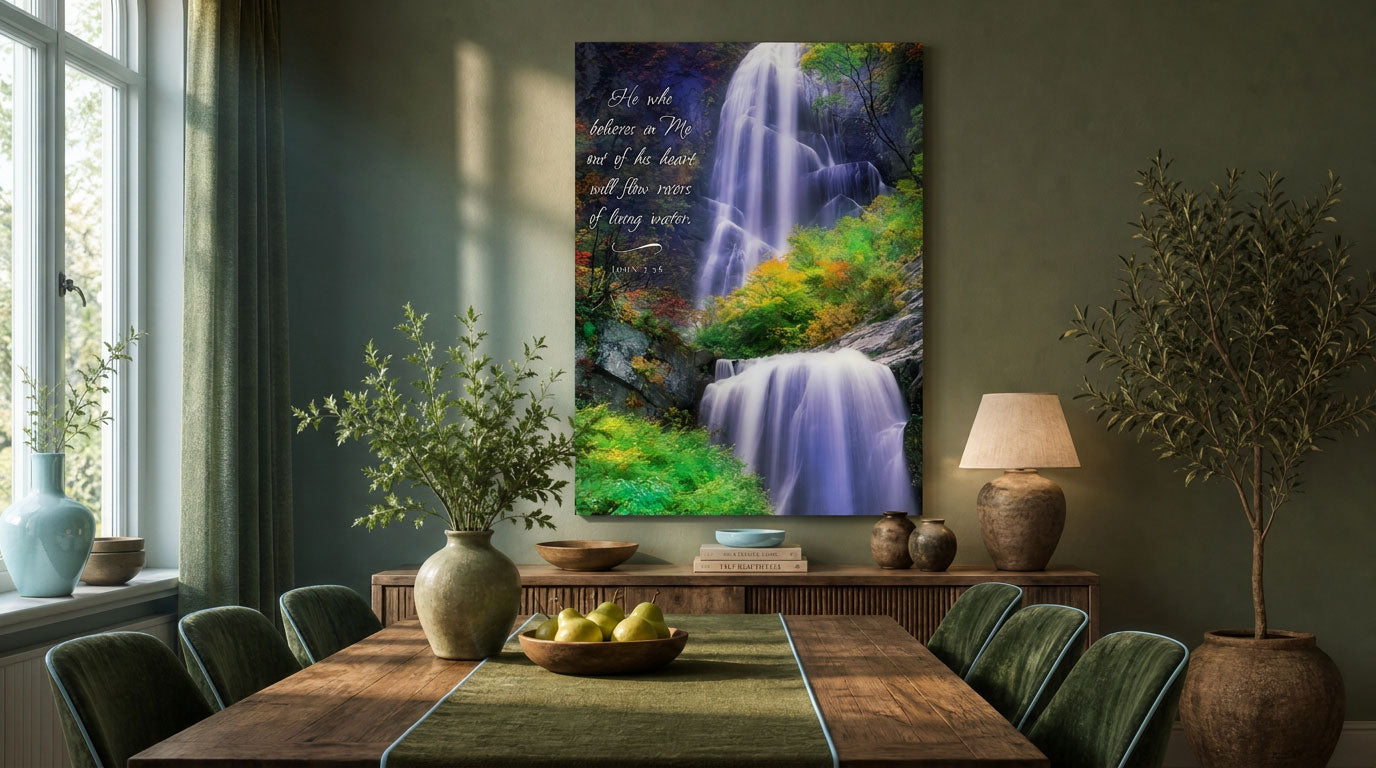 Rivers of Living Water Christian wall art with John 7:38 over a colorful forest waterfall. The print hangs in a warm dining room as a canvas print.