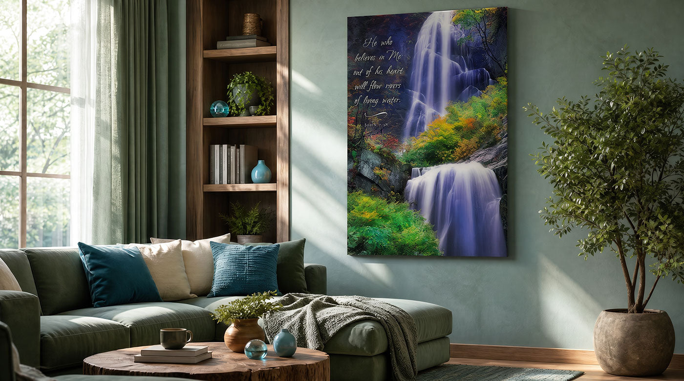 Rivers of Living Water Christian wall art with John 7:38 over a colorful forest waterfall. The print hangs in a cozy living room with a large window.