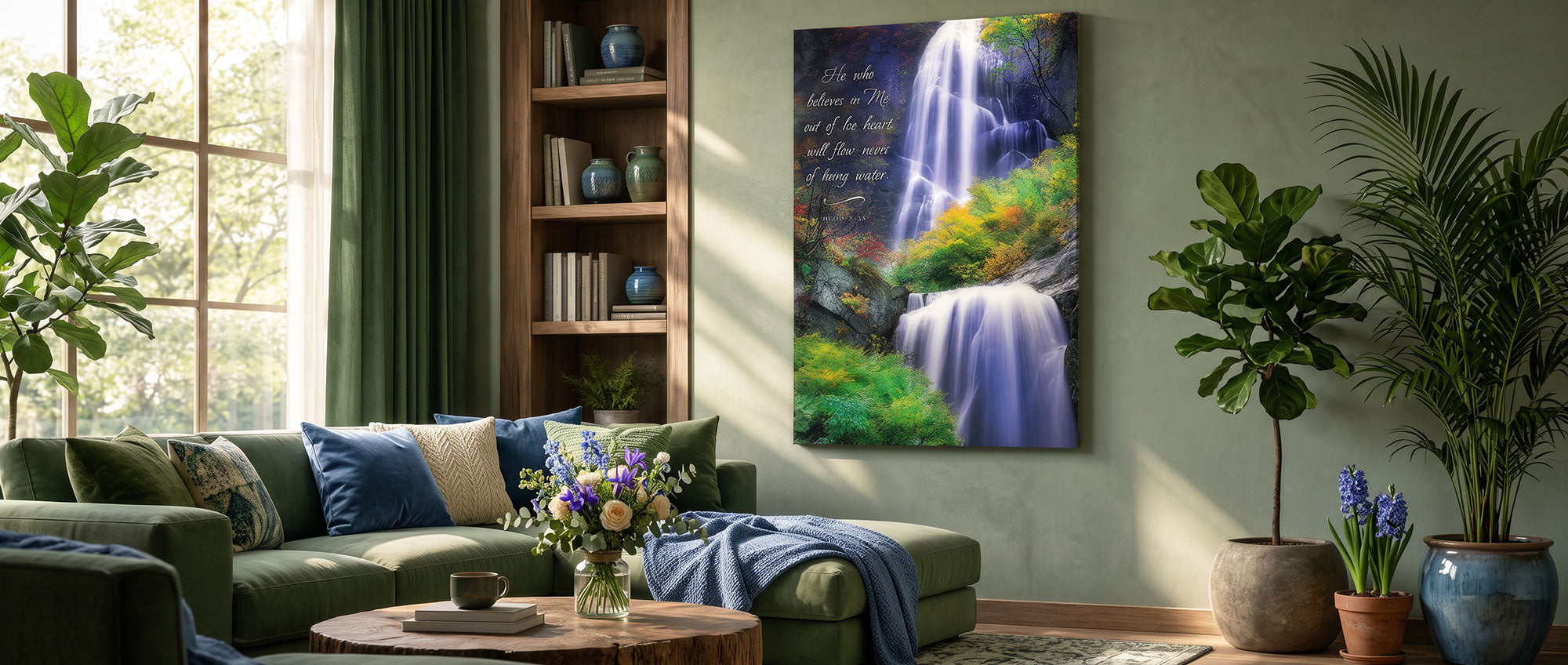 Rivers of Living Water Christian wall art with John 7:38 over a colorful forest waterfall. The print hangs in a cozy living room.