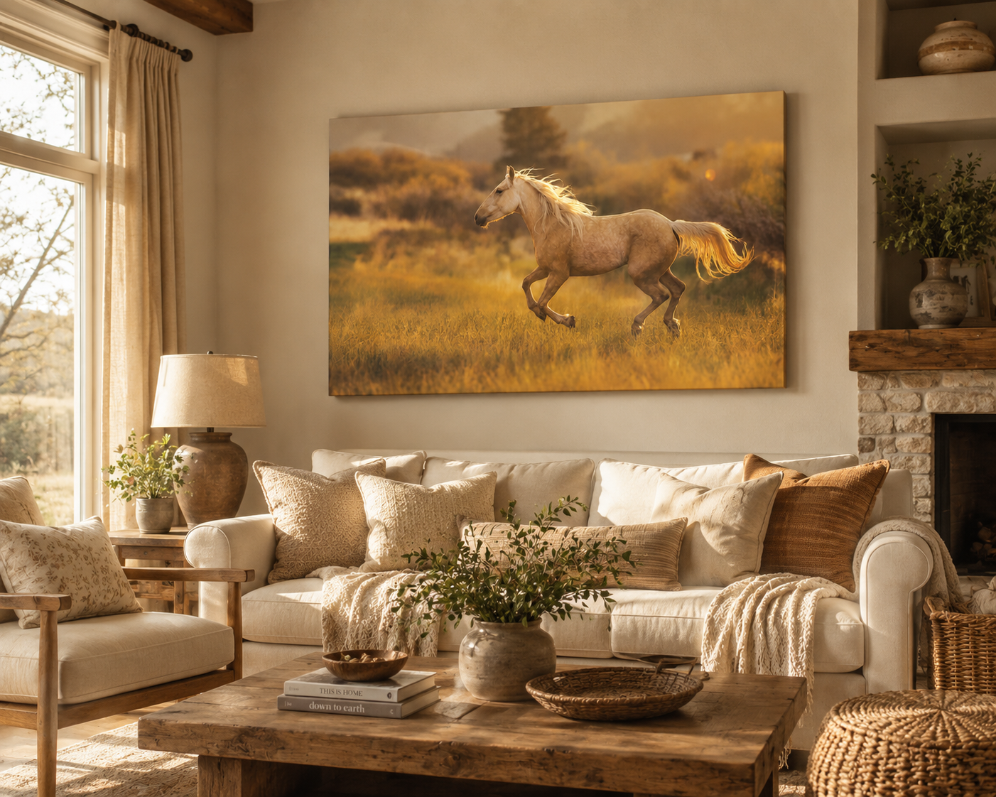 Running Horse Wall Art displayed in a modern farmhouse living room with warm golden décor inspired by the artwork's sunlit meadow colors