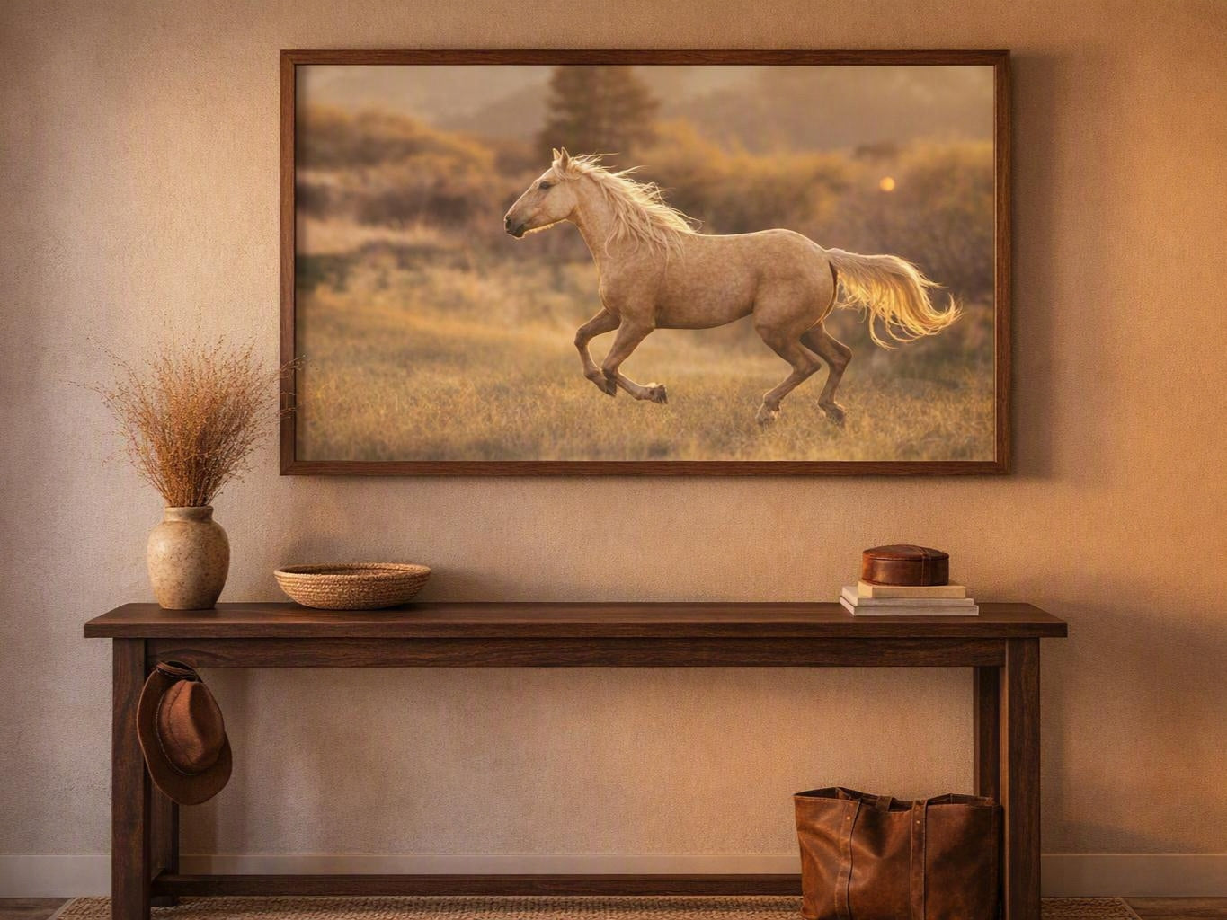 Running Horse wall art in an oak frame above a neutral sofa with soft window light in a modern farmhouse living room