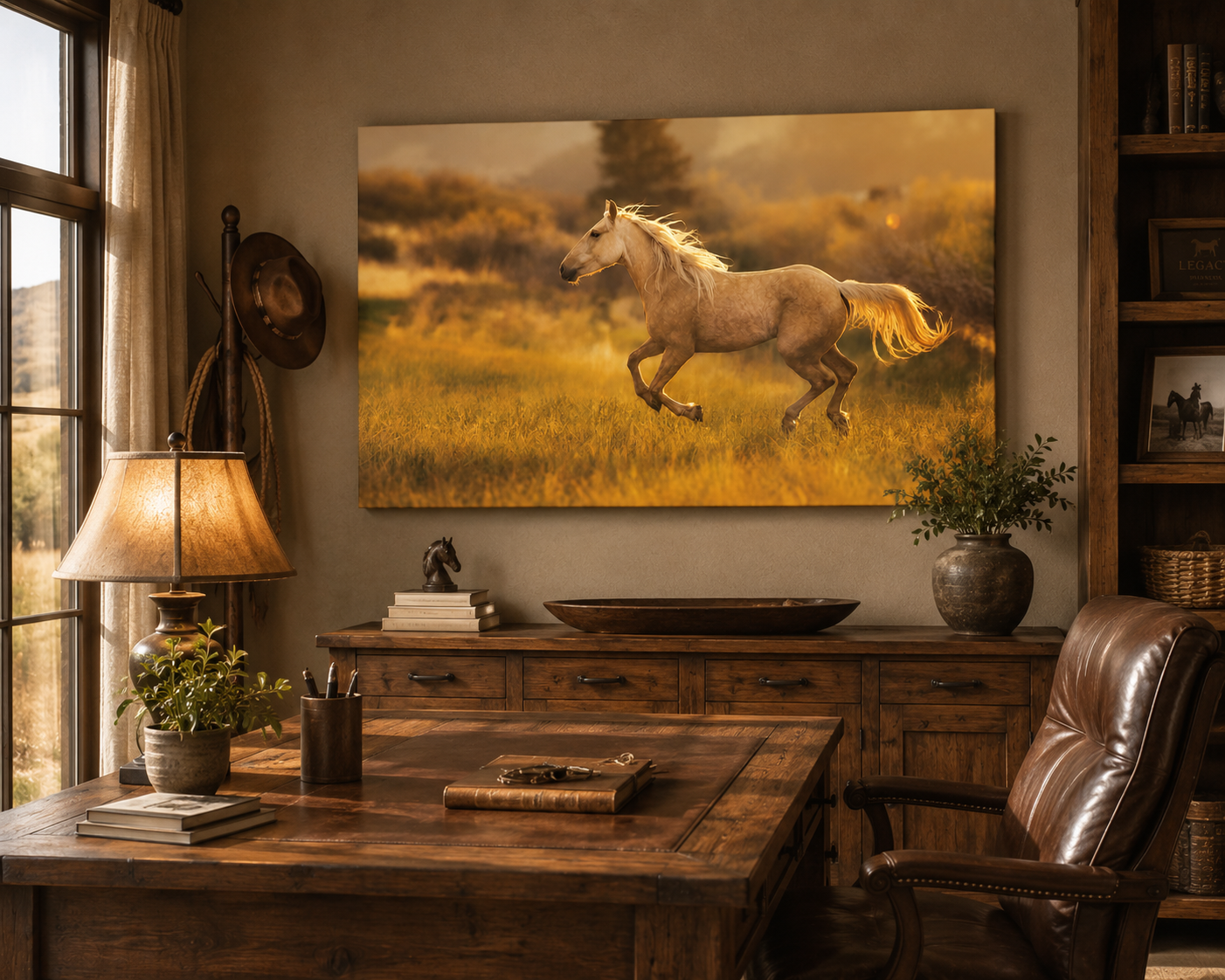 Running Horse Wall Art displayed in a rustic ranch office with warm neutral décor inspired by the artwork's golden meadow and equestrian theme