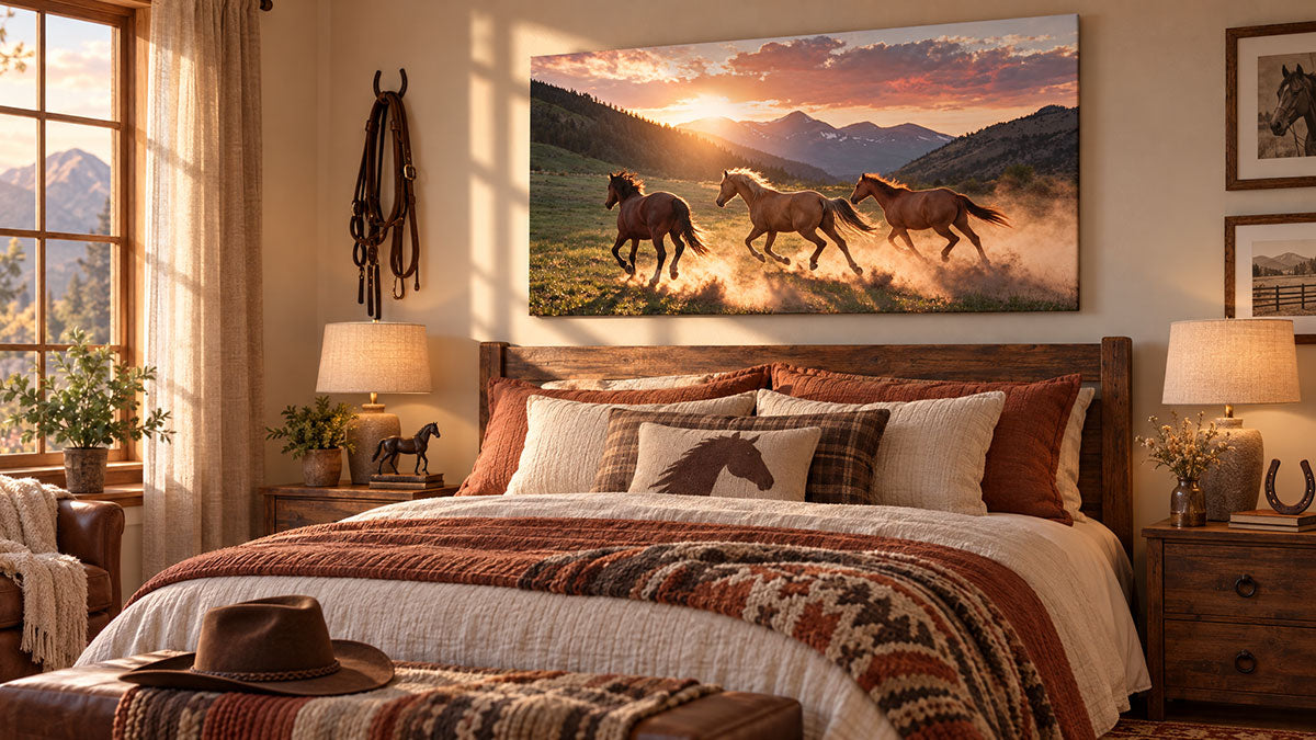 A large rectangular wall art print showing three horses running through a sunlit mountain landscape, displayed above a bed in a rustic bedroom with wood furniture, lamps, and horse-themed decor.