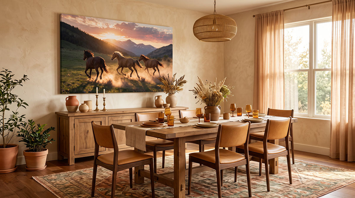 A large rectangular wall art canvas print showing three horses running through a mountain landscape at sunset, displayed above a wooden sideboard in a warm, styled dining room with a table, chairs, plants, and window.