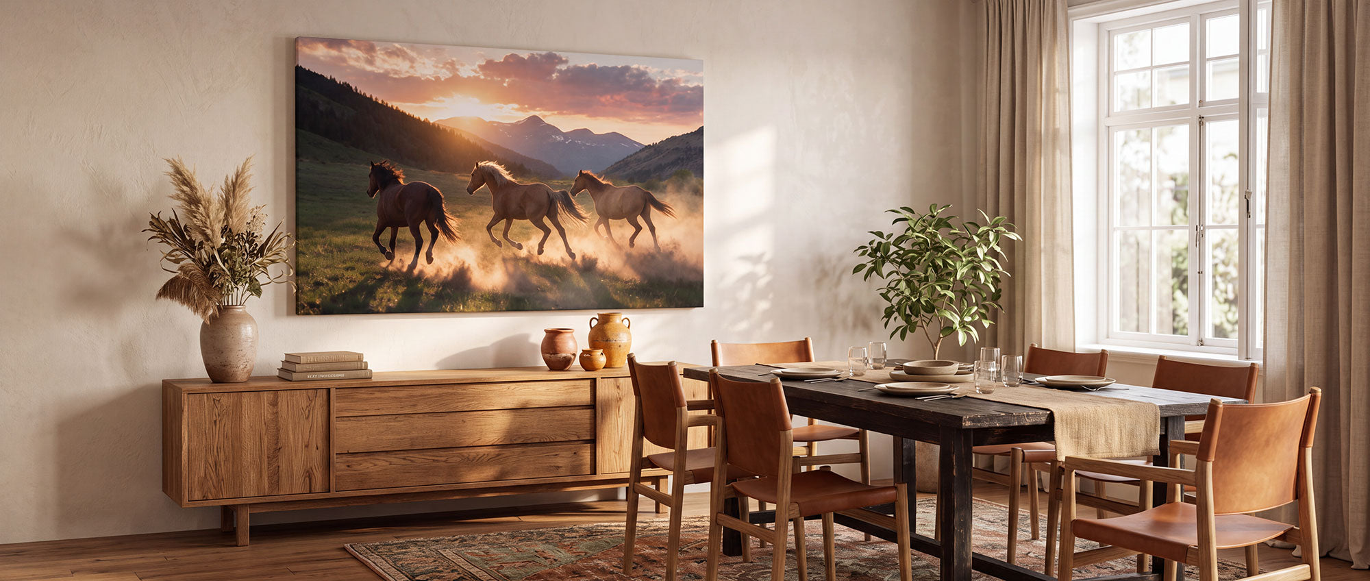A large rectangular canvas print showing three horses running through a sunlit mountain landscape, displayed above a wooden sideboard in a styled dining room with chairs, table, plants, and a window.