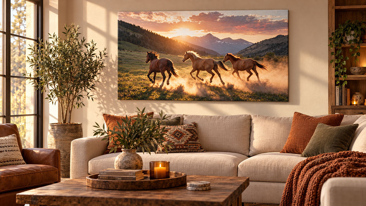 A large rectangular wall art print showing three horses running through a mountain landscape at sunset, displayed above a beige sofa in a styled living room with pillows, a coffee table, and plants.