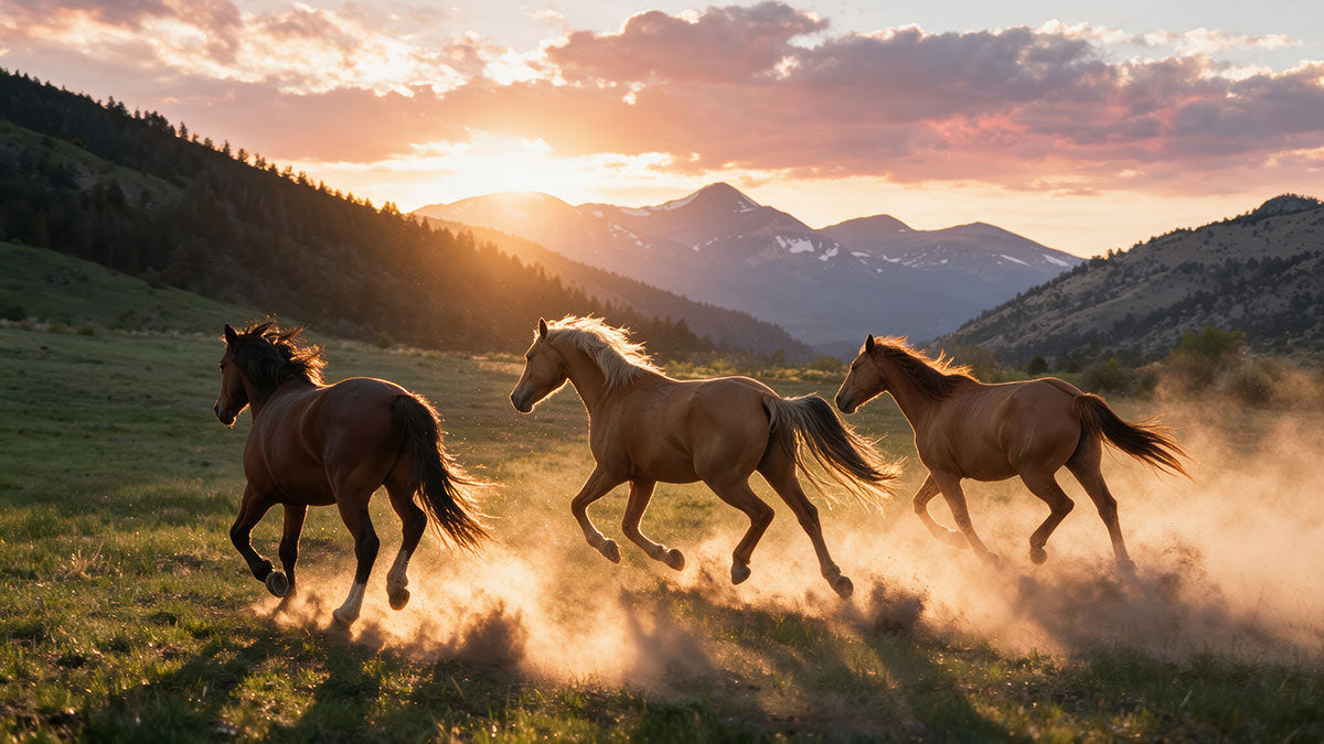 Canvas print showing three wild horses gallop across a grassy mountain meadow at sunset, kicking up dust under a dramatic sky with mountains in the background.