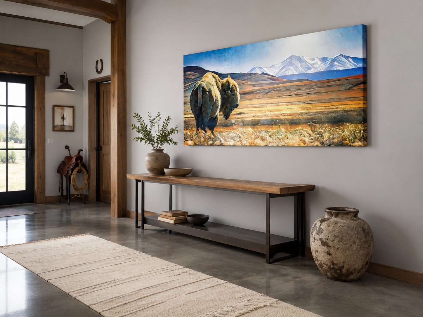 Western plains solitary bison mountain photography canvas displayed in a boutique ranch entry gallery