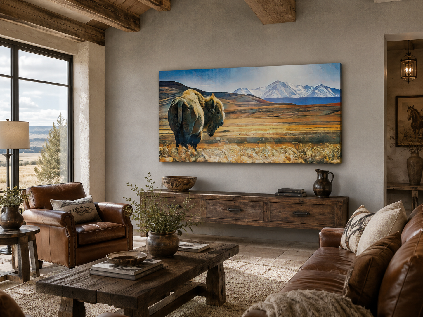 Solitary bison mountain canvas wall art in a refined Western plains lodge living room