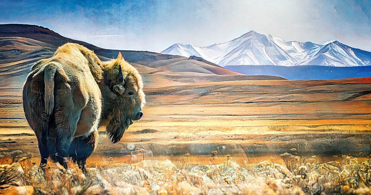 A painted or digitally illustrated landscape showing a bison standing in a dry golden plain with rolling hills and snow-capped mountains under a blue sky.