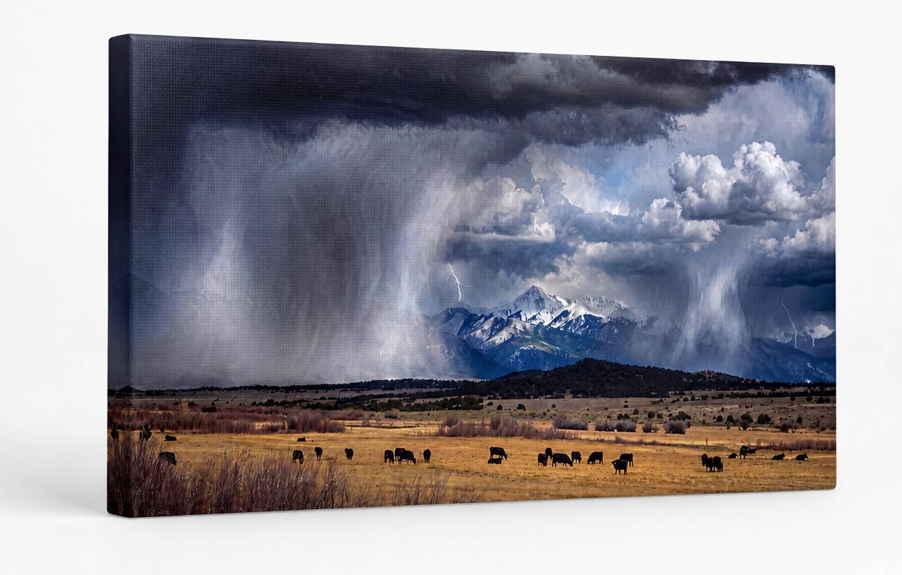 A rectangular canvas wall art print showing a dramatic storm landscape with dark rain shafts, white clouds, snow-capped mountains, and a golden grassy field with small grazing animals. The canvas is photographed at a slight angle against a plain white background.