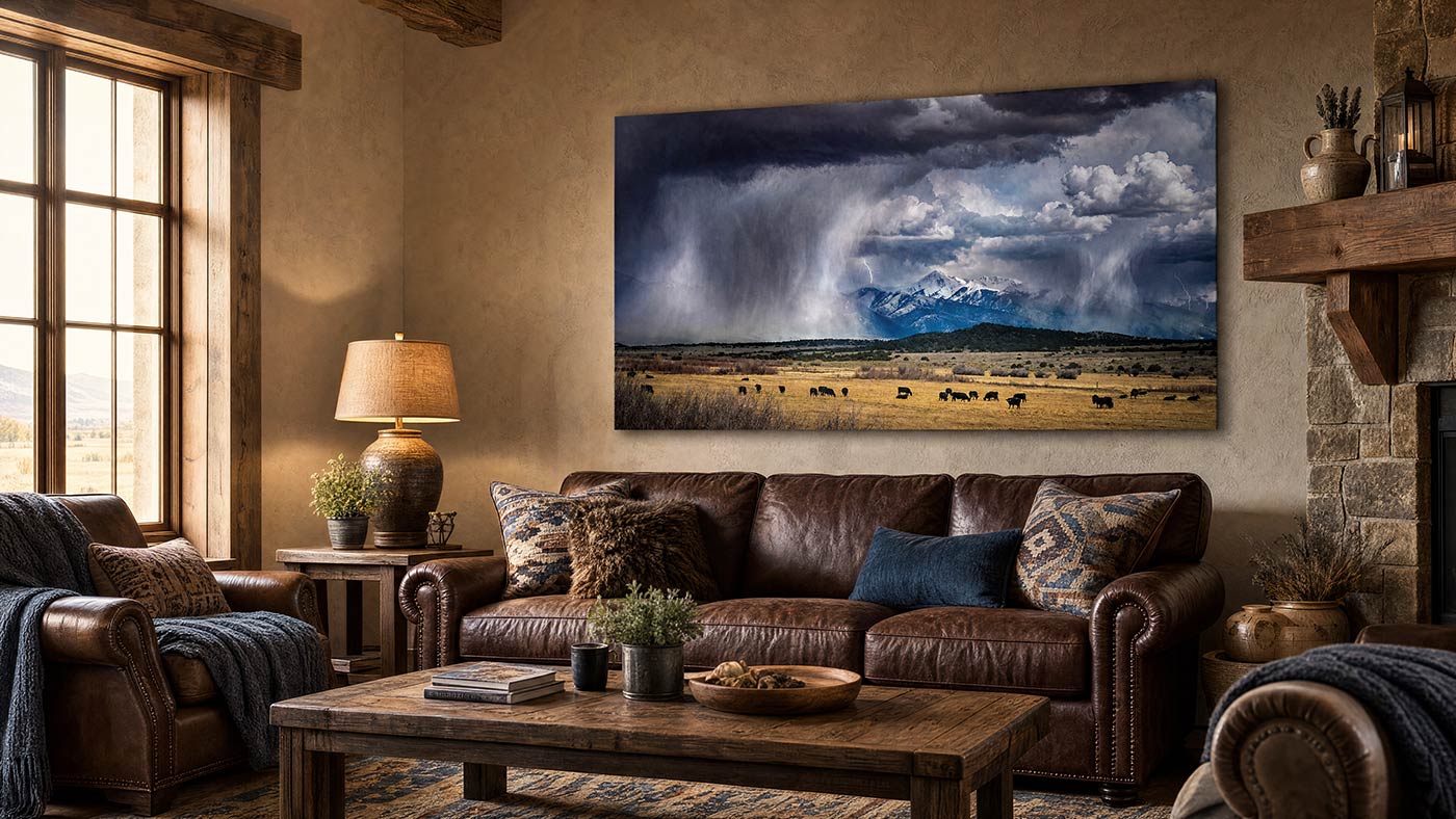 A large rectangular wall art print depicting a dramatic storm landscape with dark clouds, rain, and distant mountains, displayed above a brown leather sofa in a rustic living room setting.