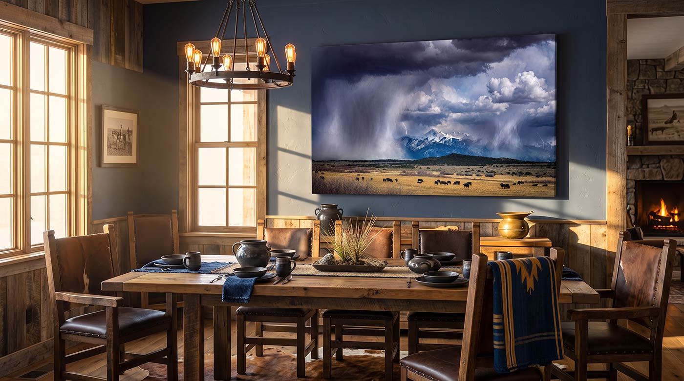 A large rectangular wall art print depicting a dramatic storm landscape with dark clouds, rain, and a snow-capped mountain, displayed above a rustic wooden dining table in a styled dining room.