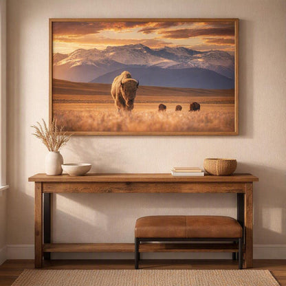 Sunlit Bison Herd Wall Art – Golden Prairie Mountain Photography Print