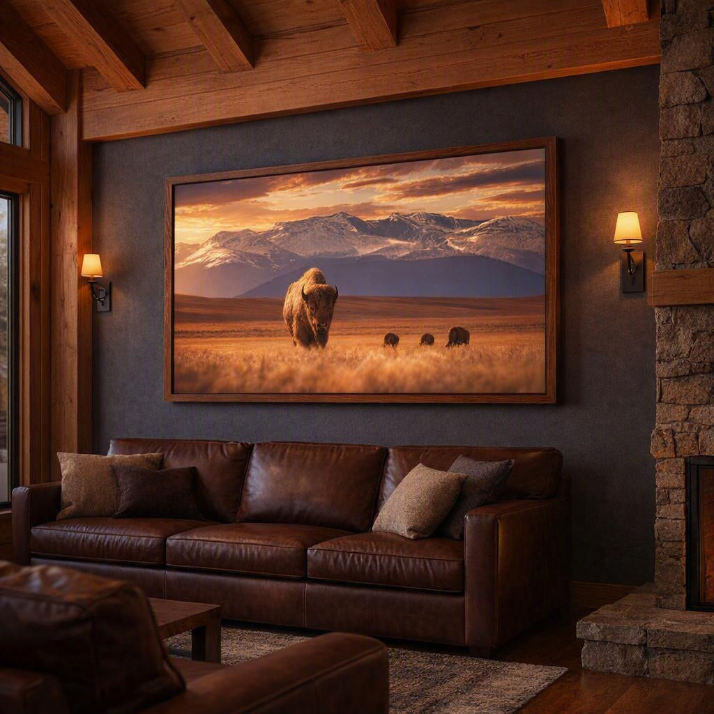 Sunlit Bison Herd Wall Art – Golden Prairie Mountain Photography Print