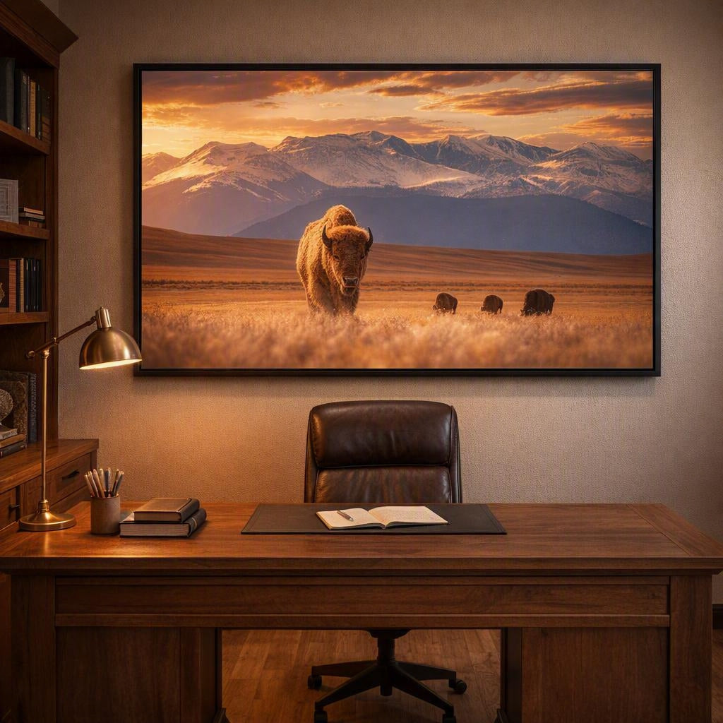 Sunlit Bison Herd Wall Art – Golden Prairie Mountain Photography Print