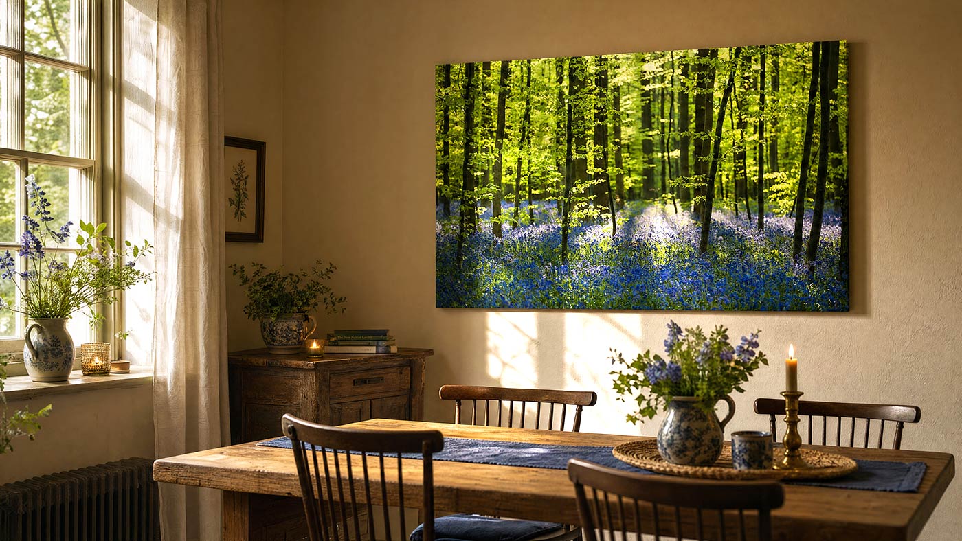 A large rectangular wall art print depicting a sunlit forest floor covered in blue flowers, hung above a wooden dining table in a warm, sunlit room with chairs, flowers, and candles.