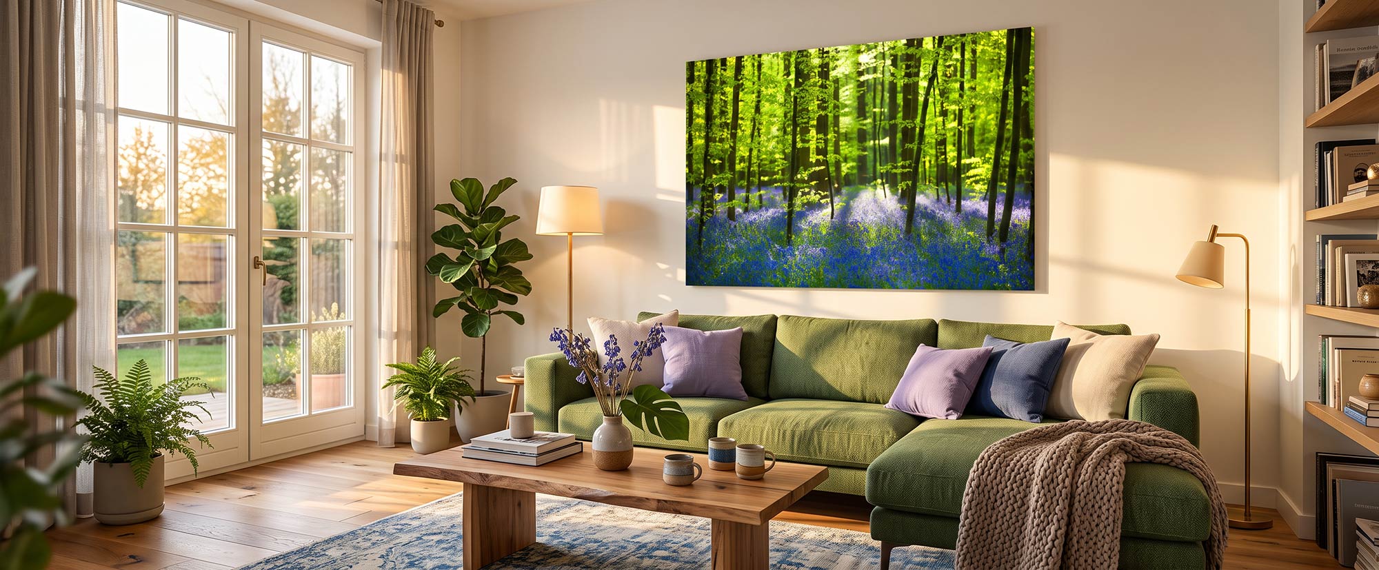A large square canvas wall art print depicting a sunlit green forest with bluebells, displayed in a modern living room above a green sofa.