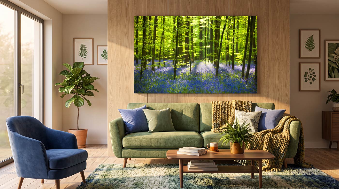Sunlit living room with a green sofa and blue chair beneath a large forest canvas featuring blue wildflowers.