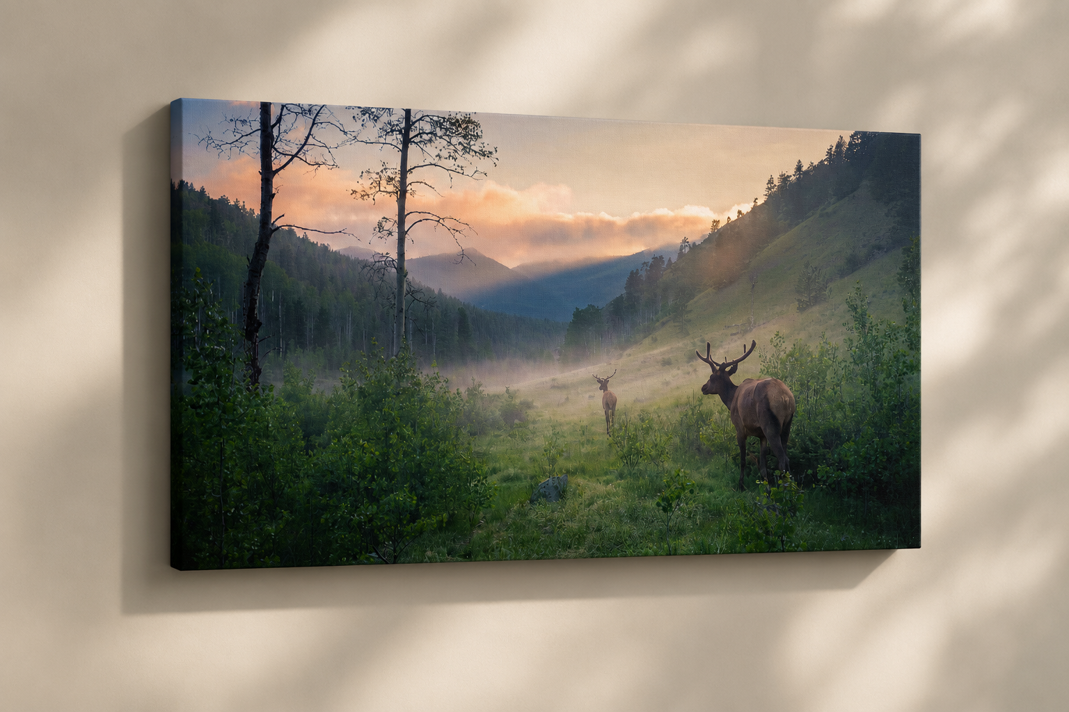 Two elk mountain valley wall art displayed as a thin premium gallery-wrapped canvas mockup