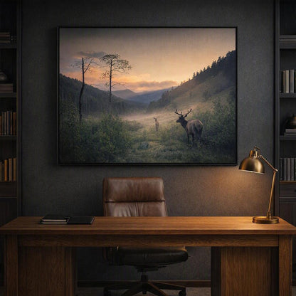 Two Elk Mountain Valley Wall Art – Misty Wildlife Photography Print