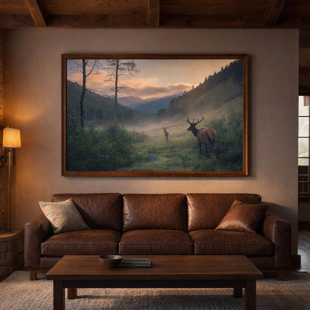 Two Elk Mountain Valley Wall Art – Misty Wildlife Photography Print