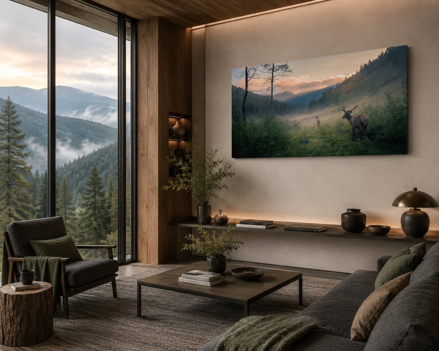Misty two elk mountain valley photography canvas displayed in a contemporary retreat reading lounge