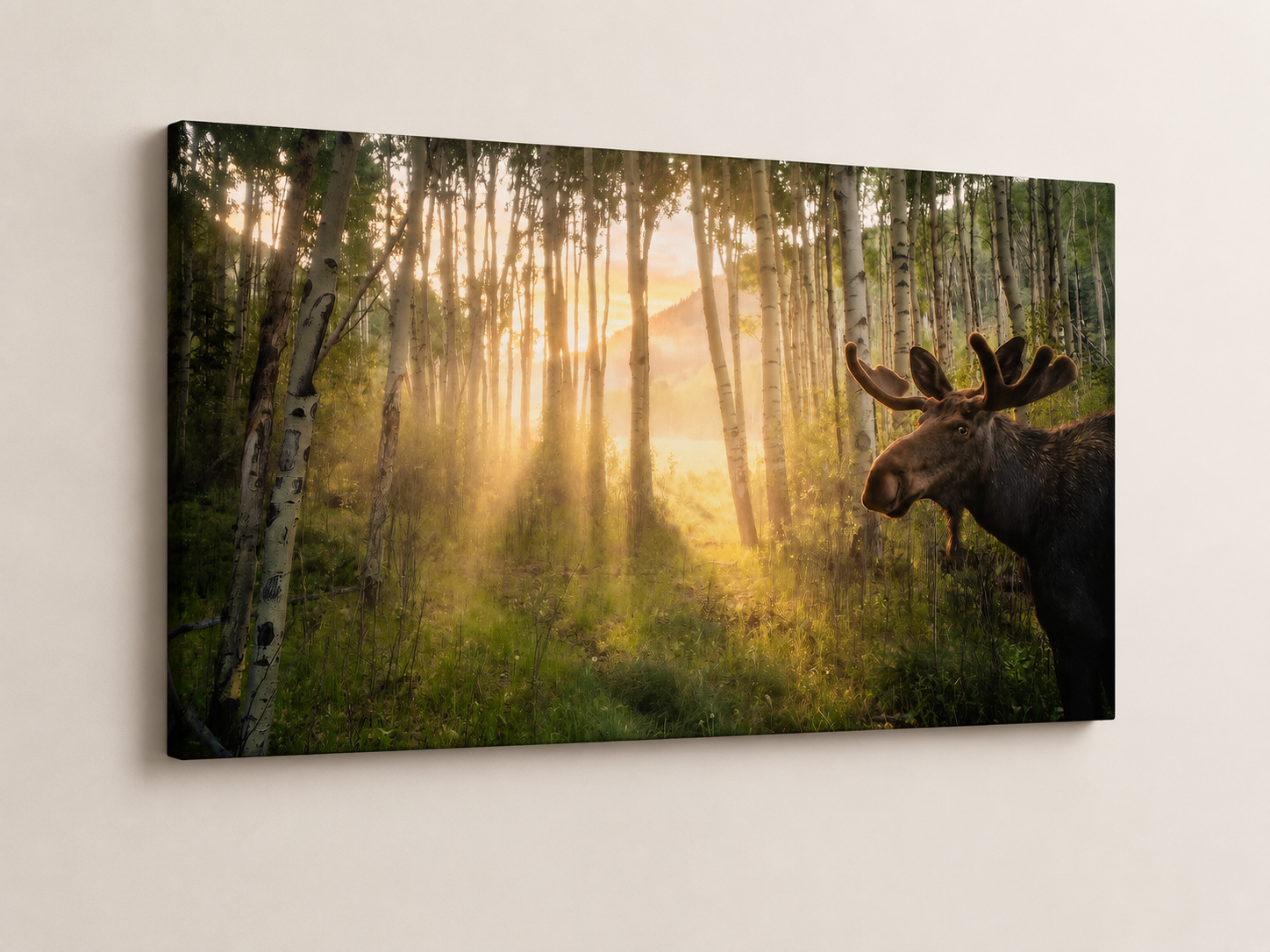 3D gallery wrapped canvas mockup of Velvet Antler Moose Wall Art with a thin premium canvas edge on a neutral studio background