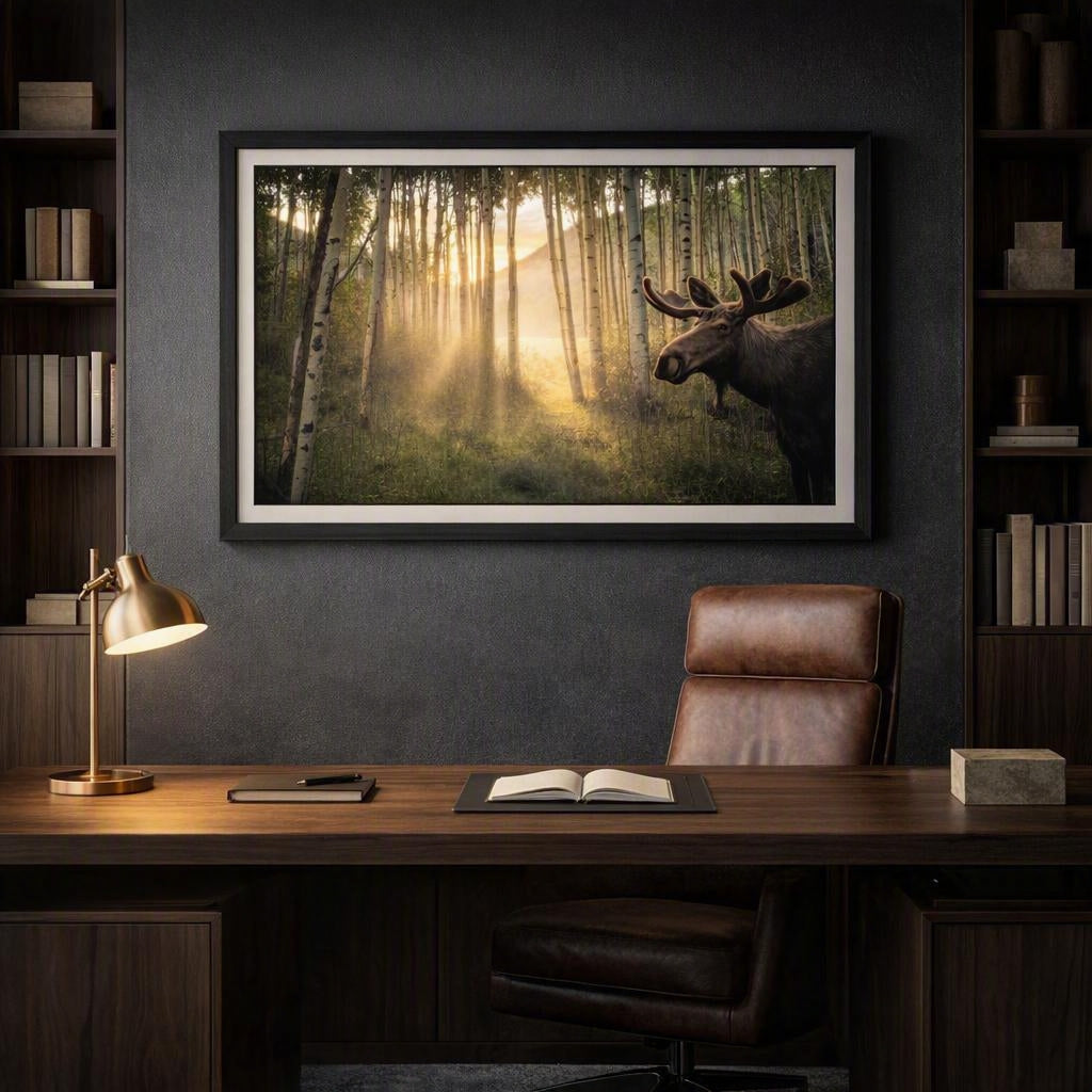 Velvet Antler Moose Wall Art – Golden Forest Wildlife Photography Print