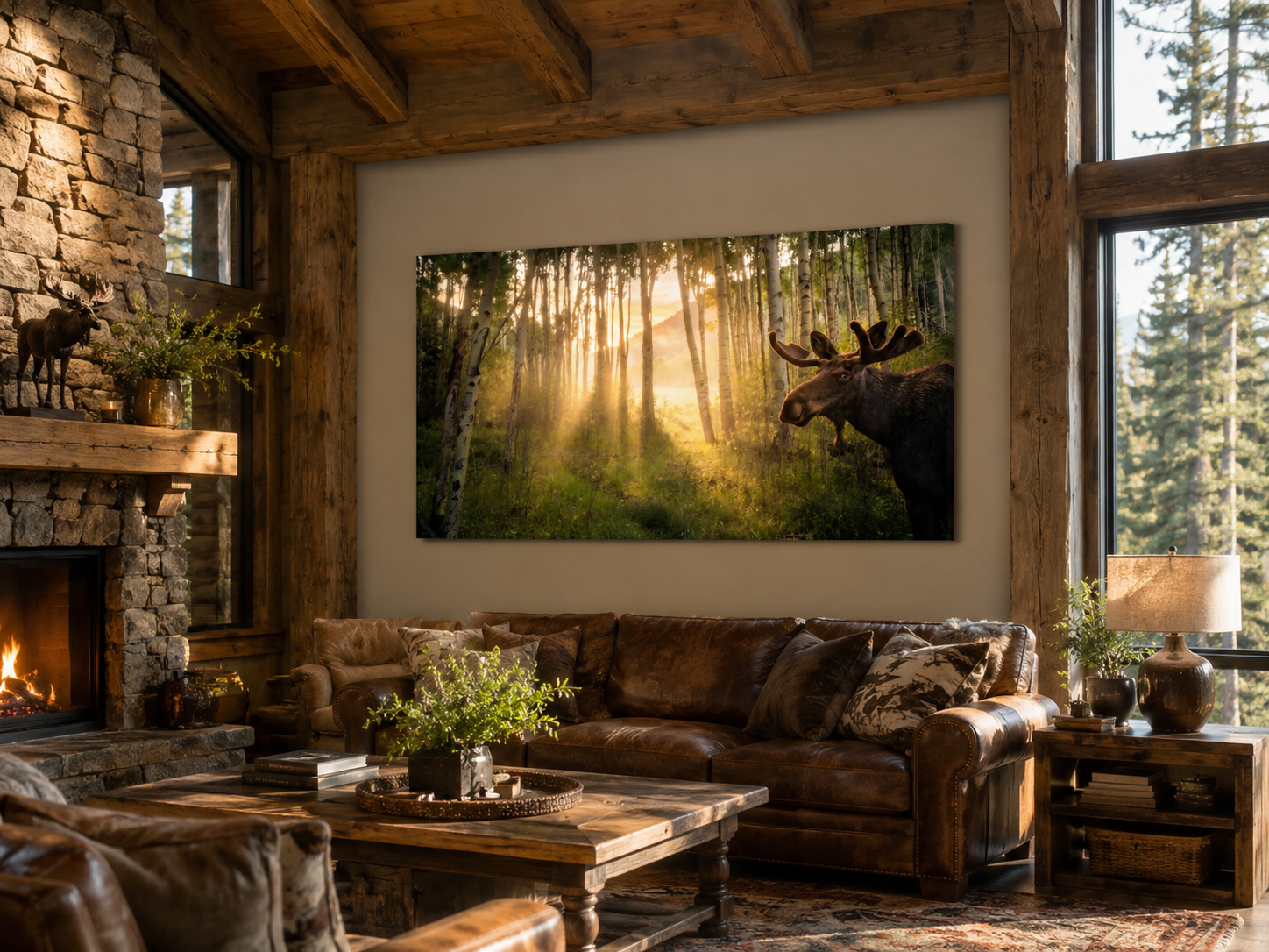 Velvet Antler Moose Wall Art displayed as a thin gallery wrapped canvas in a luxury rustic mountain lodge living room