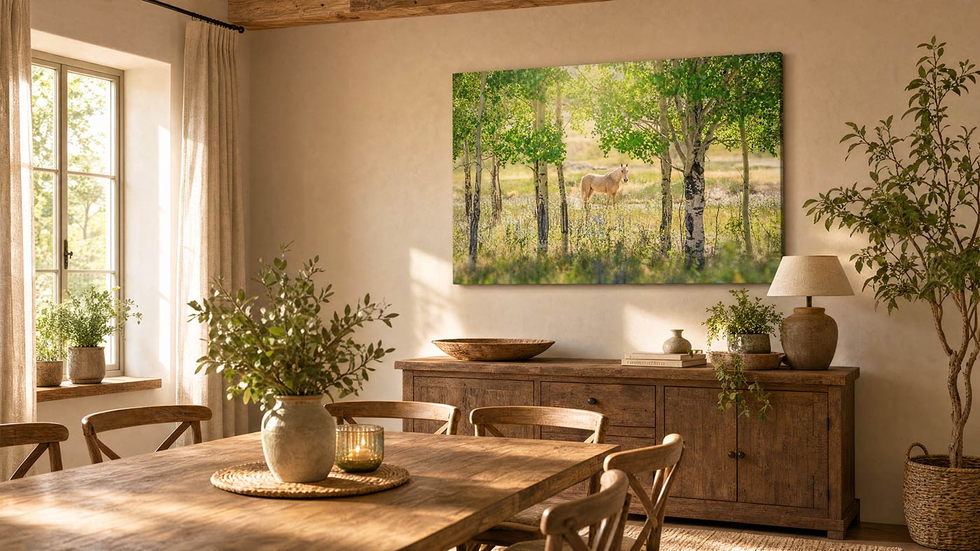 A large rectangular canvas wall art print depicting a sunlit forest with green trees and a deer, displayed above a wooden sideboard in a warm, styled dining room interior.