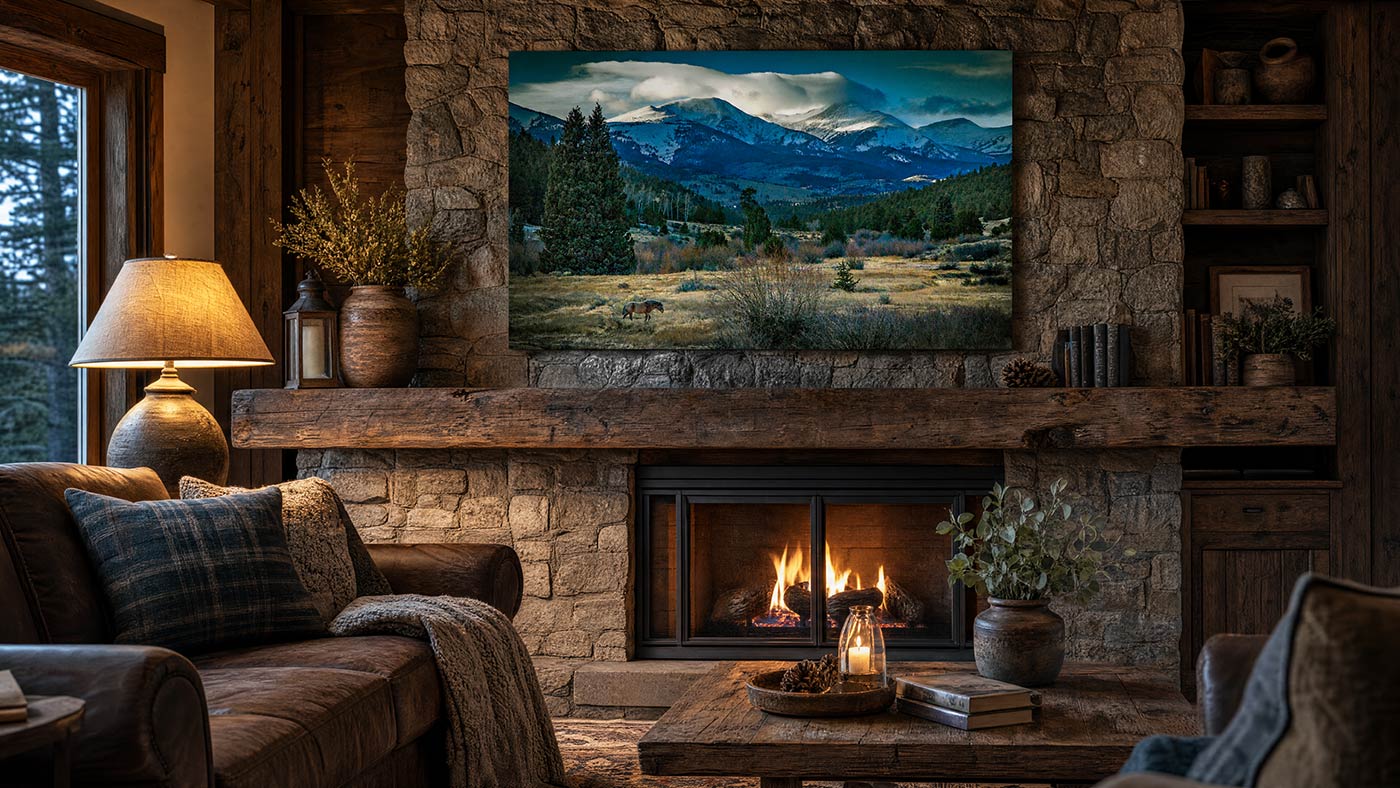 A framed mountain landscape print featuring a wild horse displayed above a stone fireplace in a rustic living room with a lit fire, sofa, lamp, and wooden furniture.
