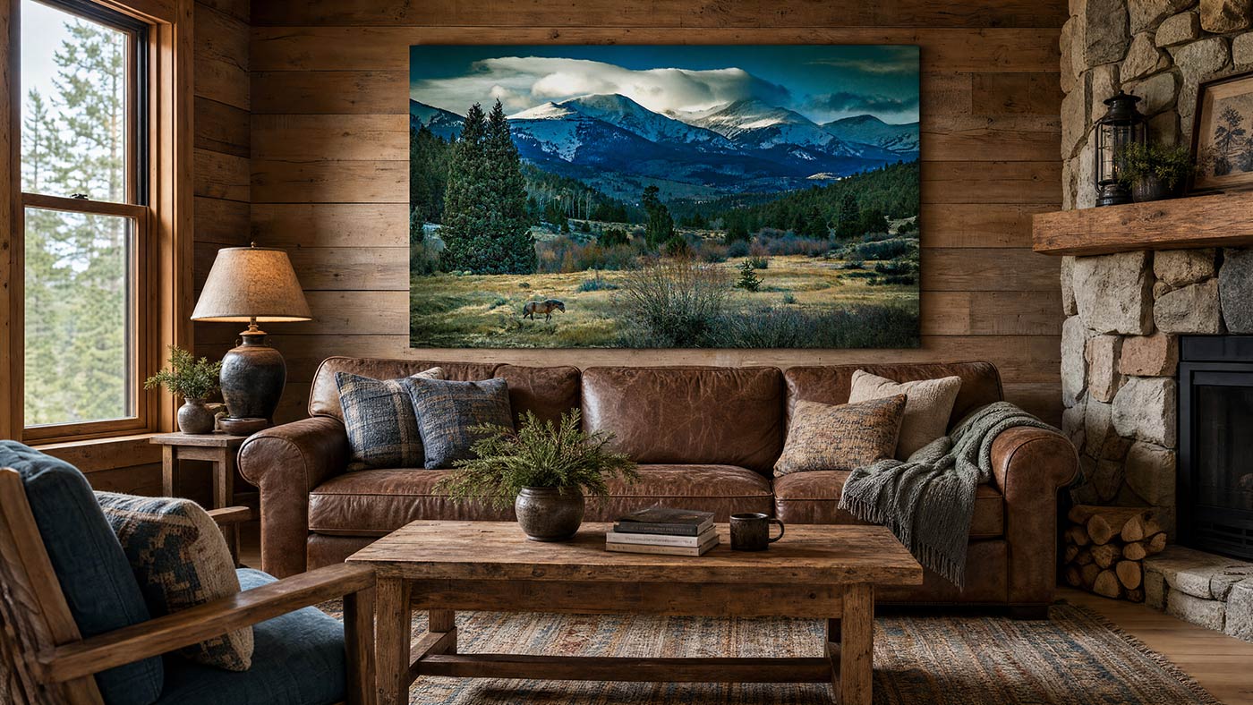 A large rectangular canvas print of a mountain landscape with a wild horse hangs on a rustic wood-paneled wall above a brown leather sofa in a cabin-style living room with a stone fireplace, coffee table, and window.