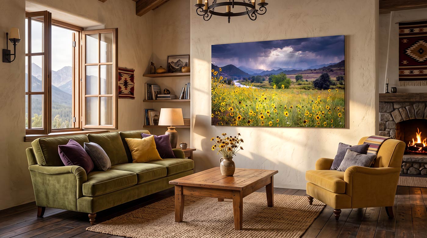 A large rectangular landscape painting of a sunflower field under a stormy sky, displayed on a wall in a rustic living room with a green sofa, yellow armchair, and fireplace.