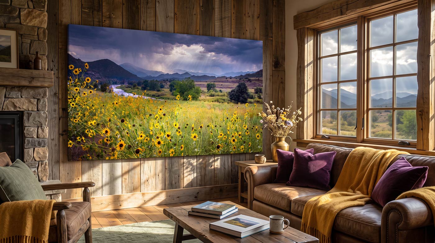 A large wall art print depicting a sunflower field and mountains is displayed in a rustic living room with a leather sofa, wooden walls, and a stone fireplace.