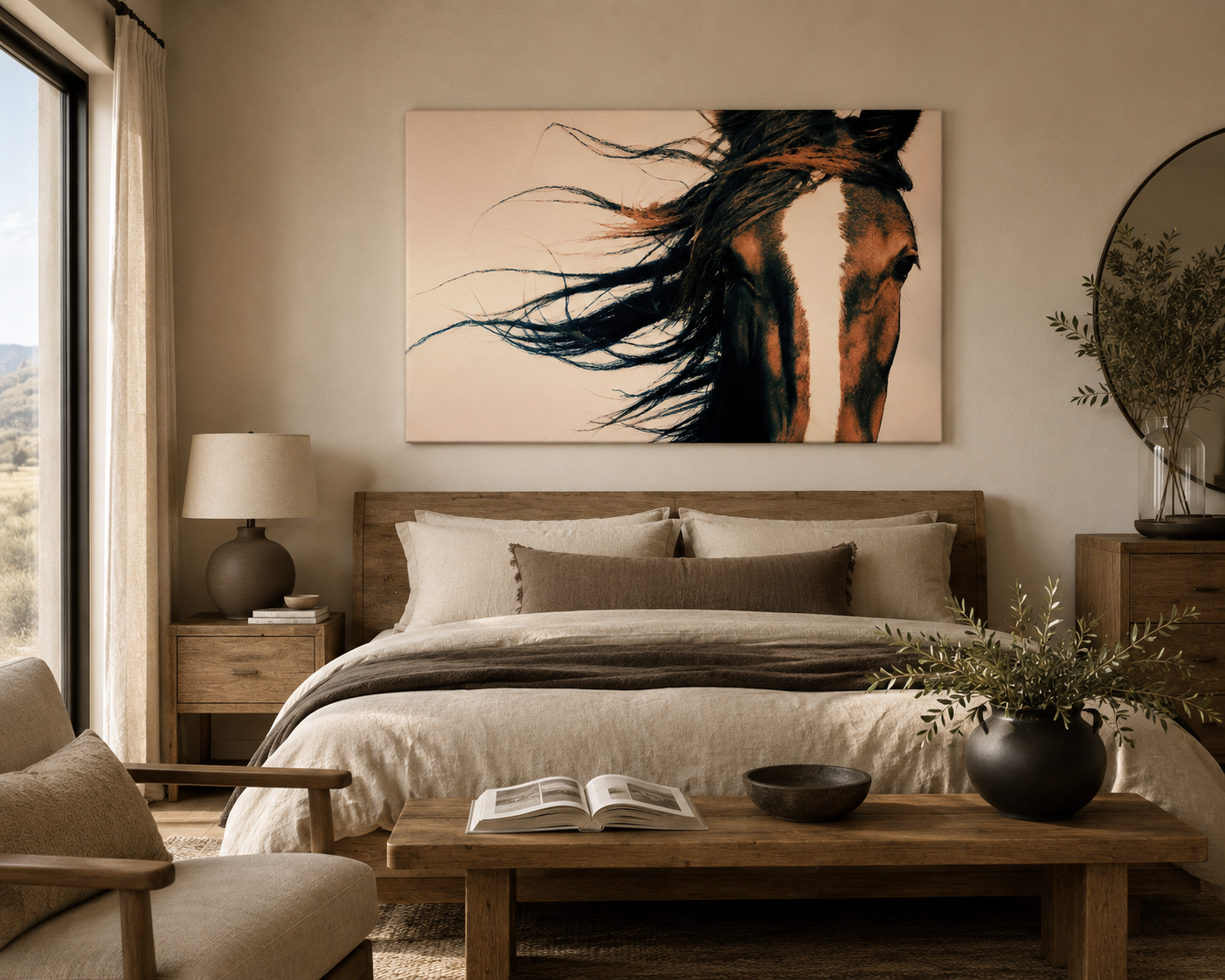Windblown Horse Wall Art featured in a modern bedroom with warm neutral decor inspired by the artwork's elegant equestrian colors