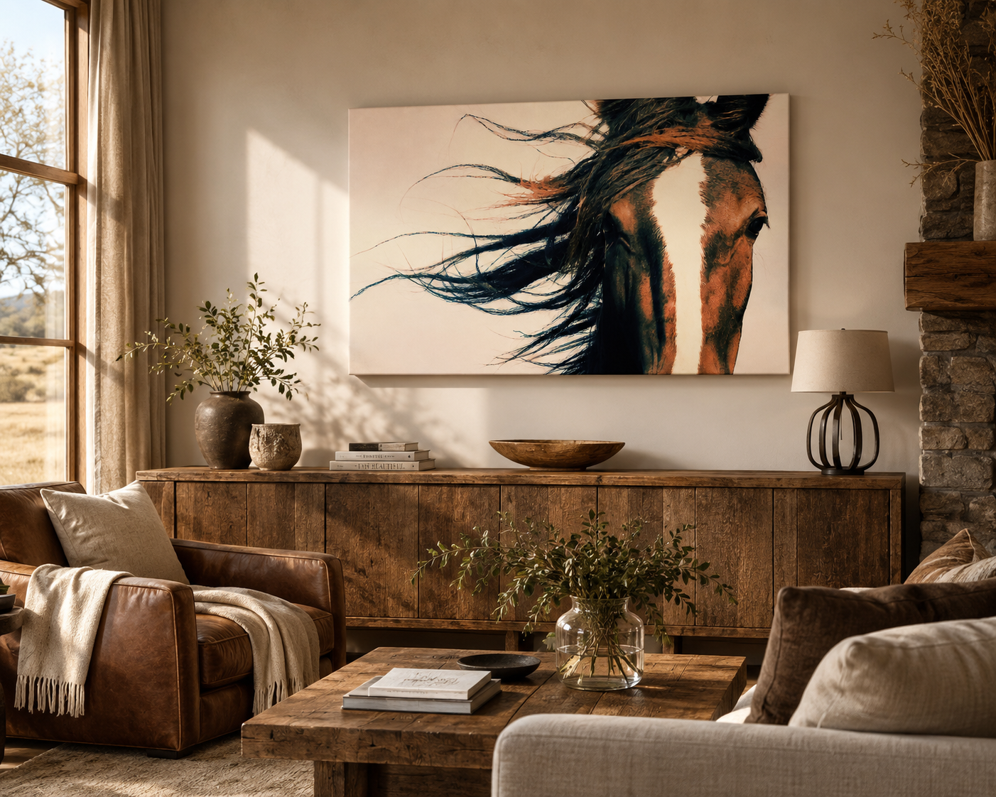 Windblown Horse Wall Art displayed in a warm rustic living room with natural wood furniture and neutral decor matched to the artwork's colors